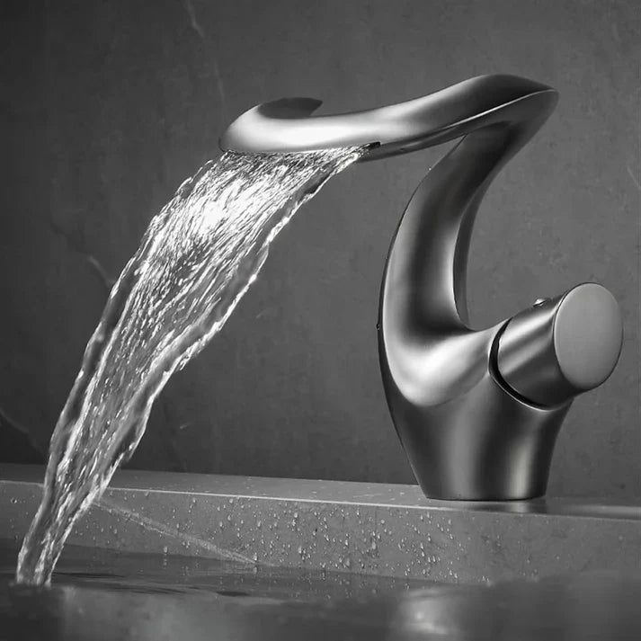 Brushed Gold Sleek Modern Waterfall Bathroom Faucet front view