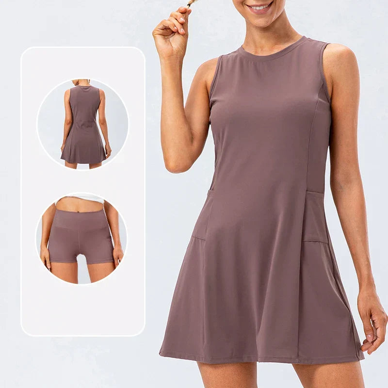 Mauve Stretch Tennis Dress front view with shorts