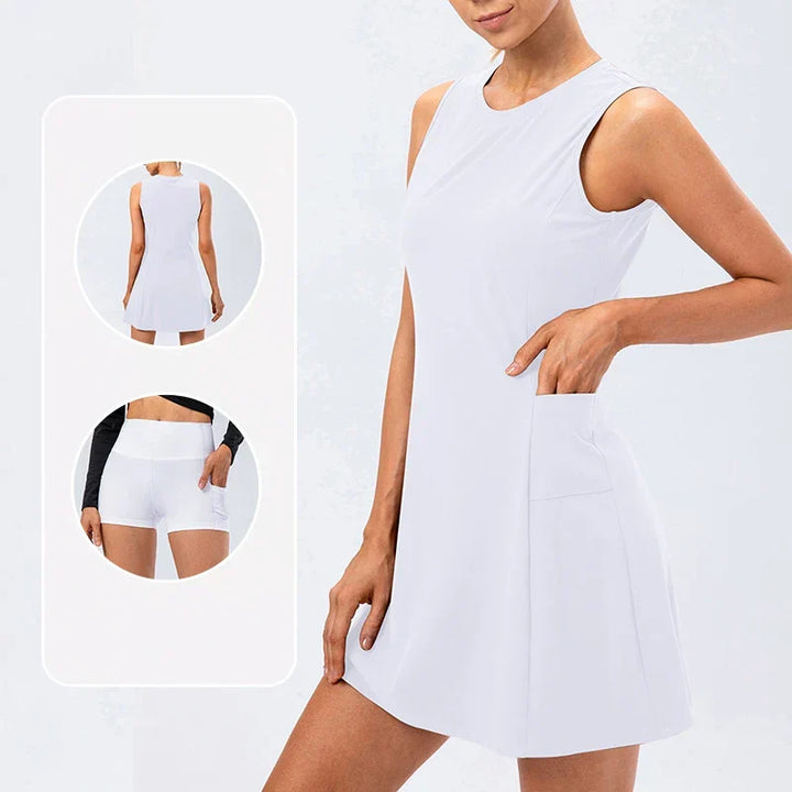 White Stretch Tennis Dress front view with shorts
