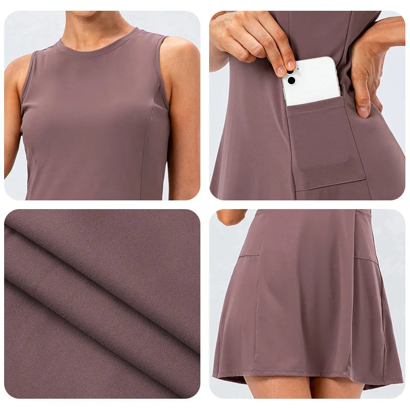 Mauve Stretch Tennis Dress fabric and shorts detail