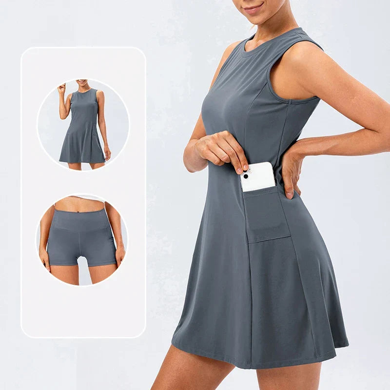 Grey Stretch Tennis Dress front view with shorts