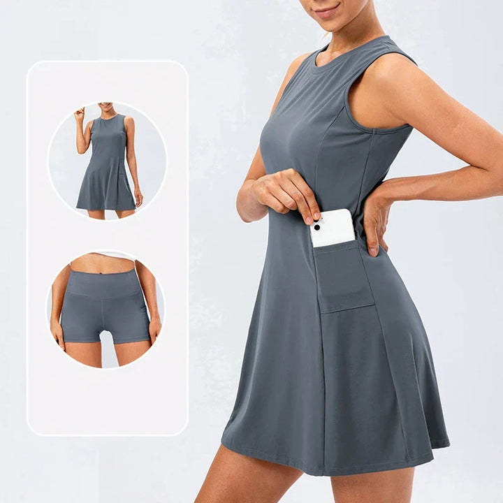Grey Stretch Tennis Dress front view with shorts
