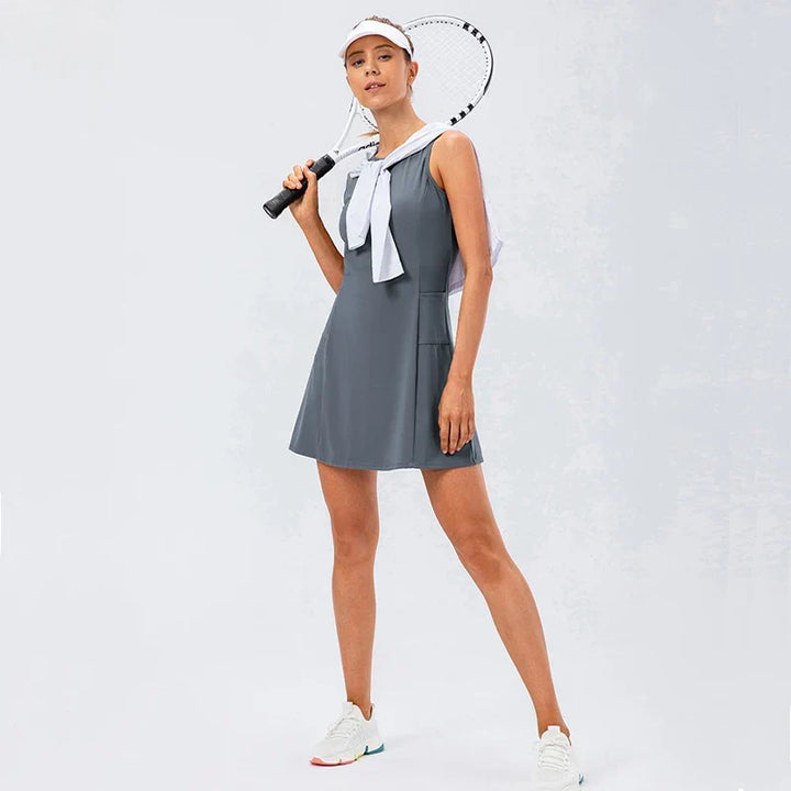 Grey Stretch Tennis Dress worn on court