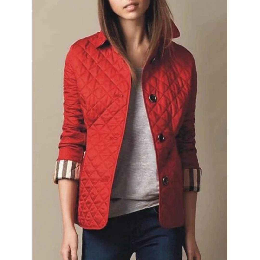 Red Slim Diamond-Quilt Jacket worn front view
