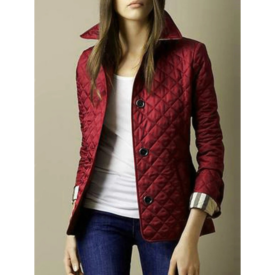 Dark Red Slim Diamond-Quilt Jacket worn front view