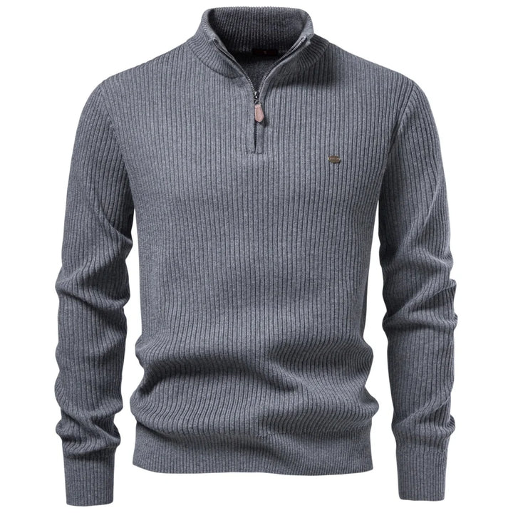Gray Ribbed Quarter-Zip Mock-Neck Sweater front view