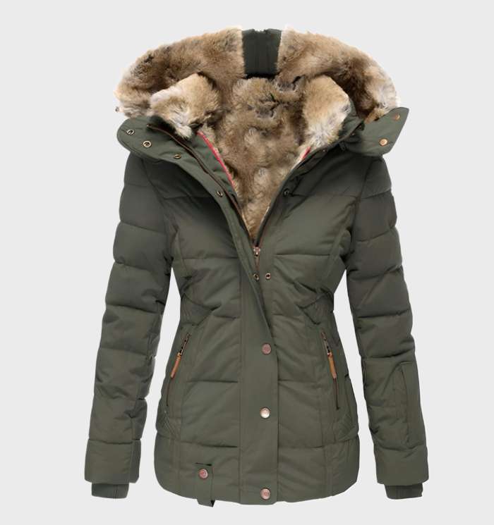 Green Slim-Fit Winter Jacket with Hood front view