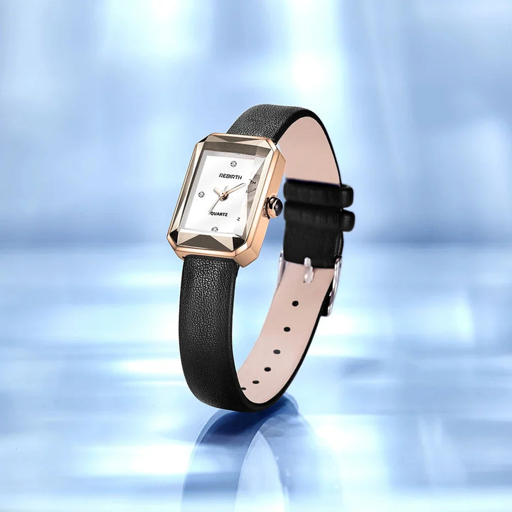 Piano Black Slim Rectangular Leather Watch front view
