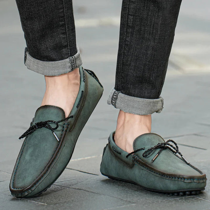 Green Leather Loafers stitching detail