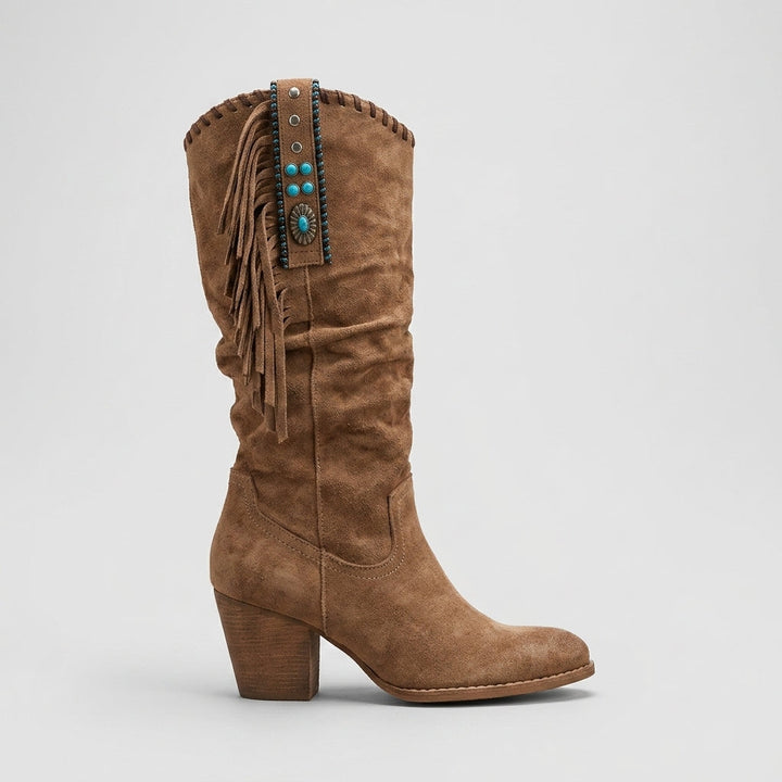 Brown slouchy suede mid-calf boot side view