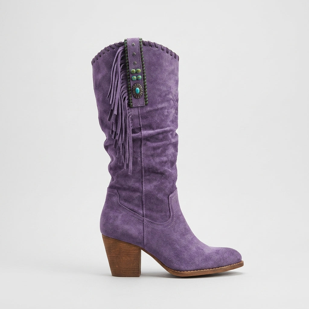 Purple slouchy suede mid-calf boot side view