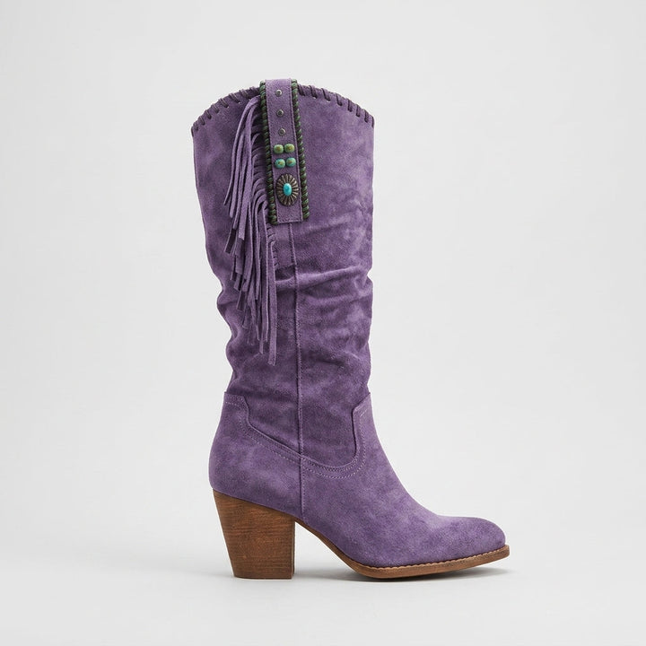 Purple slouchy suede mid-calf boot side view