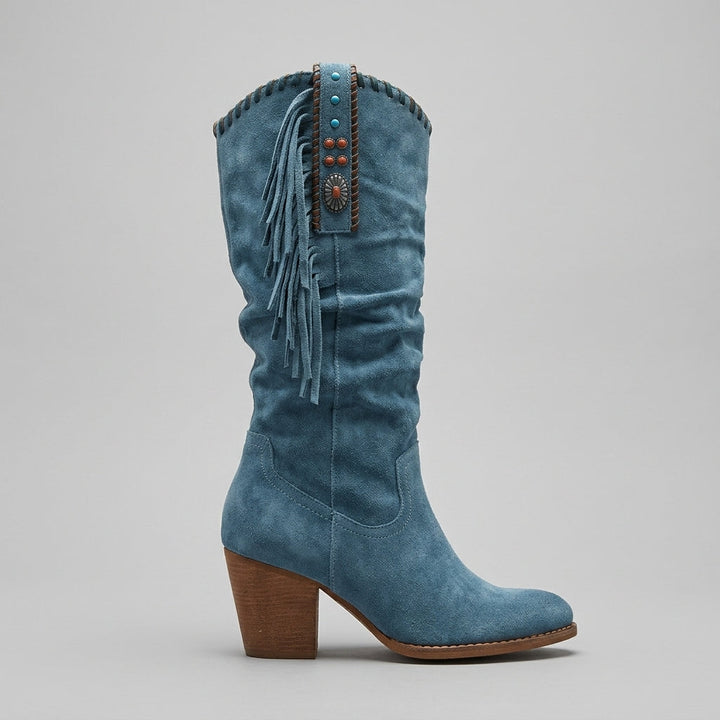 Blue slouchy suede mid-calf boot side view