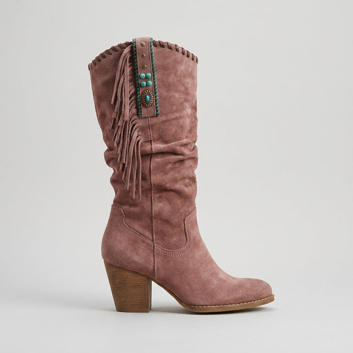 Red slouchy suede mid-calf boot side view