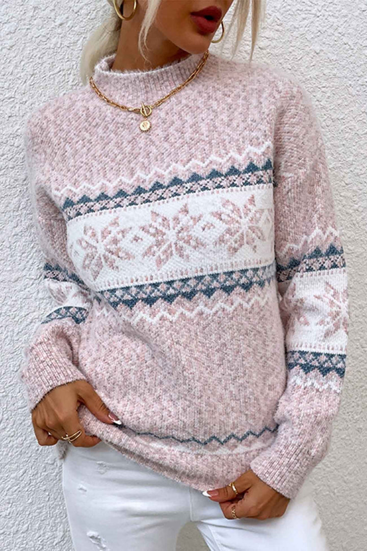 Pink Snowflake Fair Isle Mock-Neck Sweater worn front view