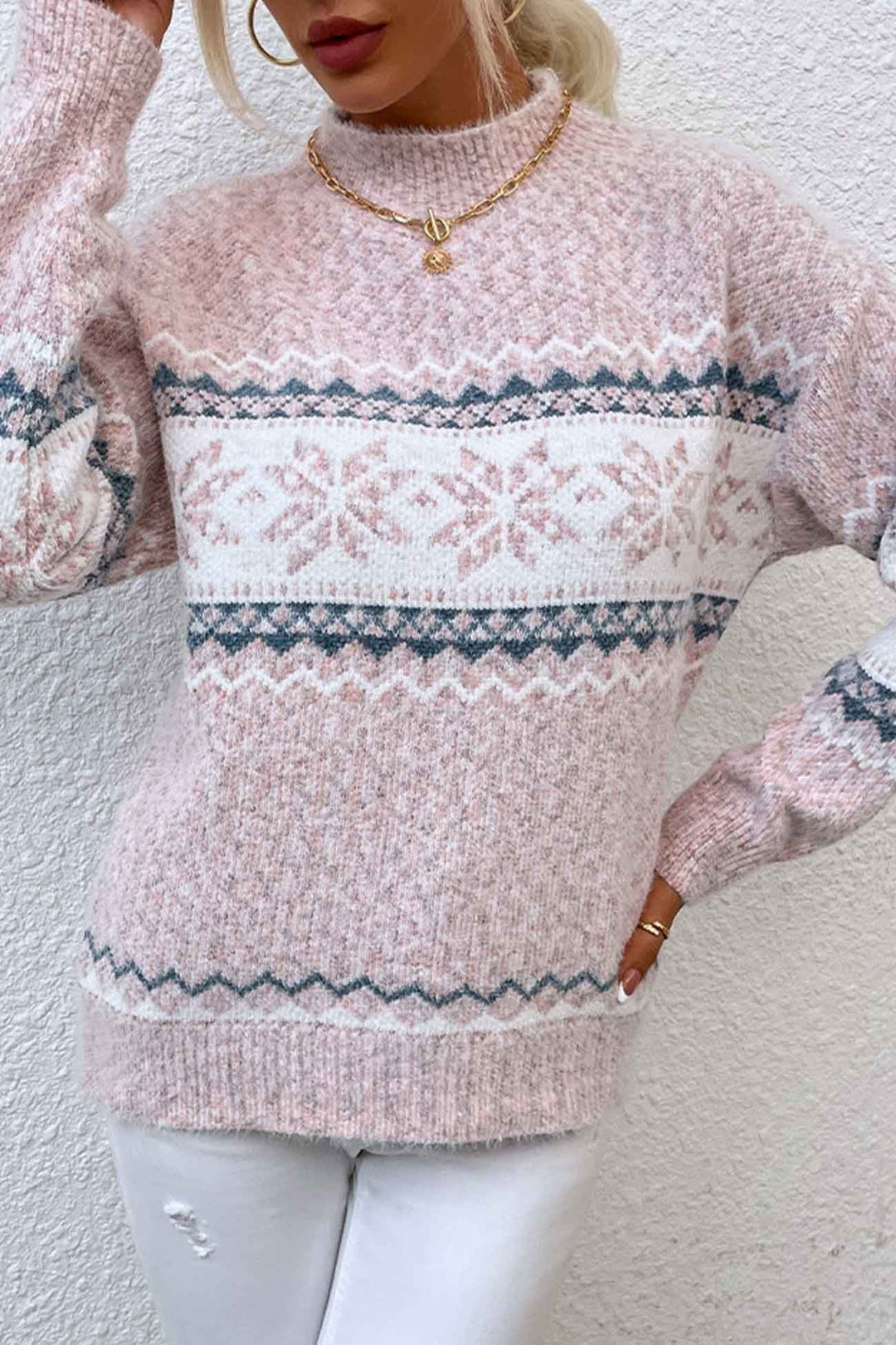 Pink Snowflake Fair Isle Mock-Neck Sweater worn side view