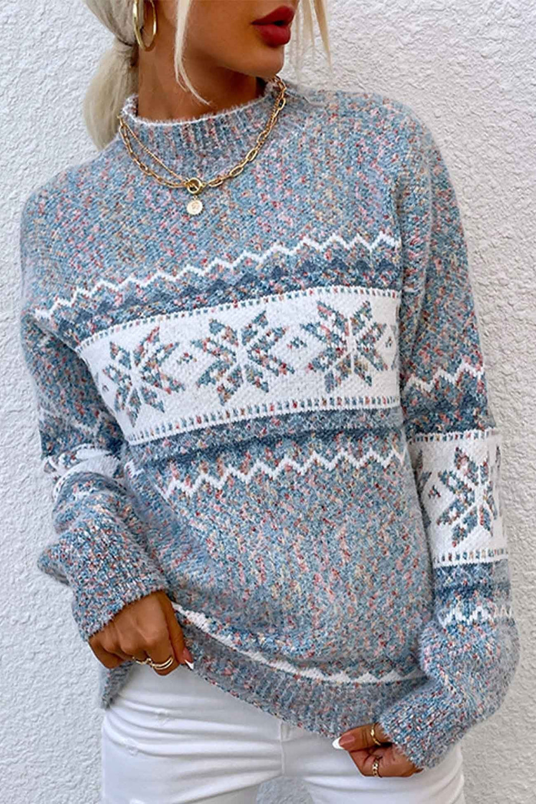 Grey Snowflake Fair Isle Mock-Neck Sweater worn front view
