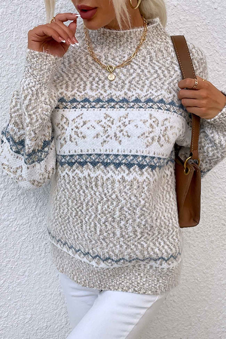 Apricot Snowflake Fair Isle Mock-Neck Sweater worn front view