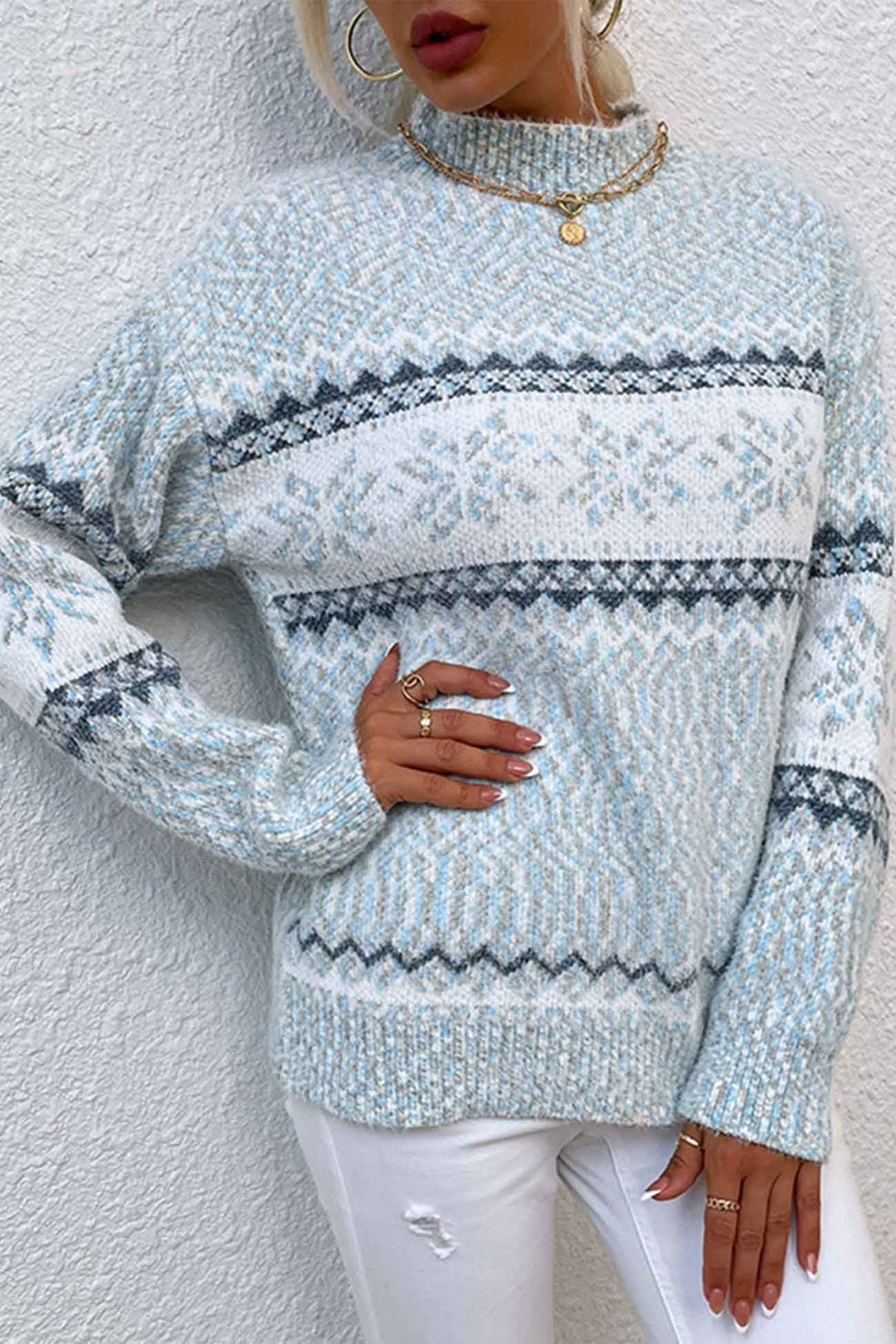 Blue Snowflake Fair Isle Mock-Neck Sweater worn front view