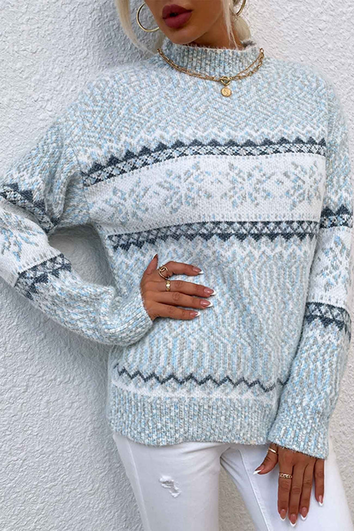 Blue Snowflake Fair Isle Mock-Neck Sweater worn front view