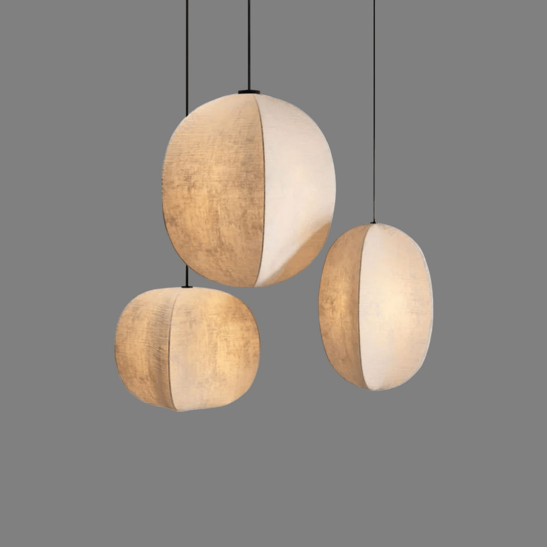 Soft Fabric Lantern Pendant Lights three sizes on gray background