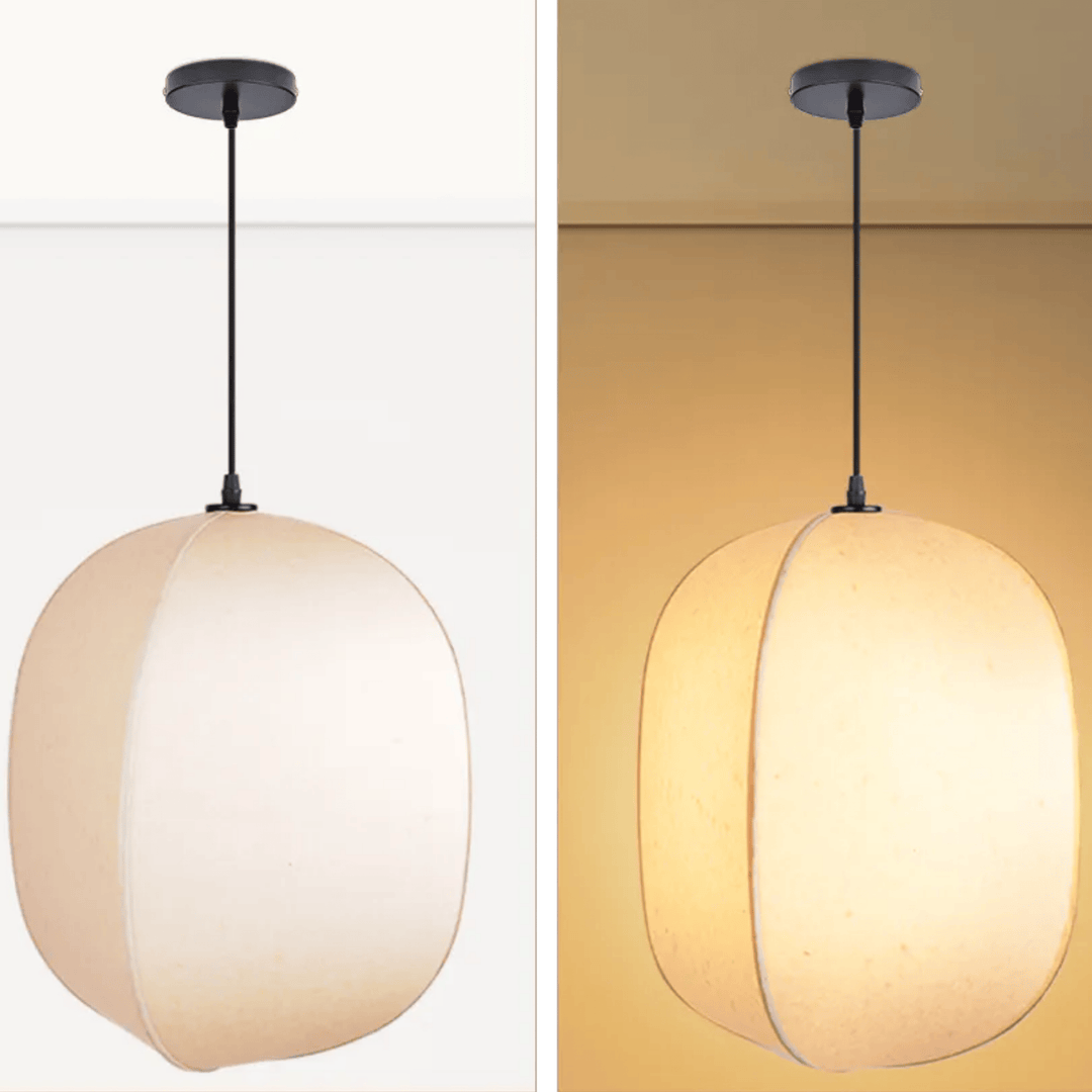 Soft Fabric Lantern Pendant Light unlit and lit comparison