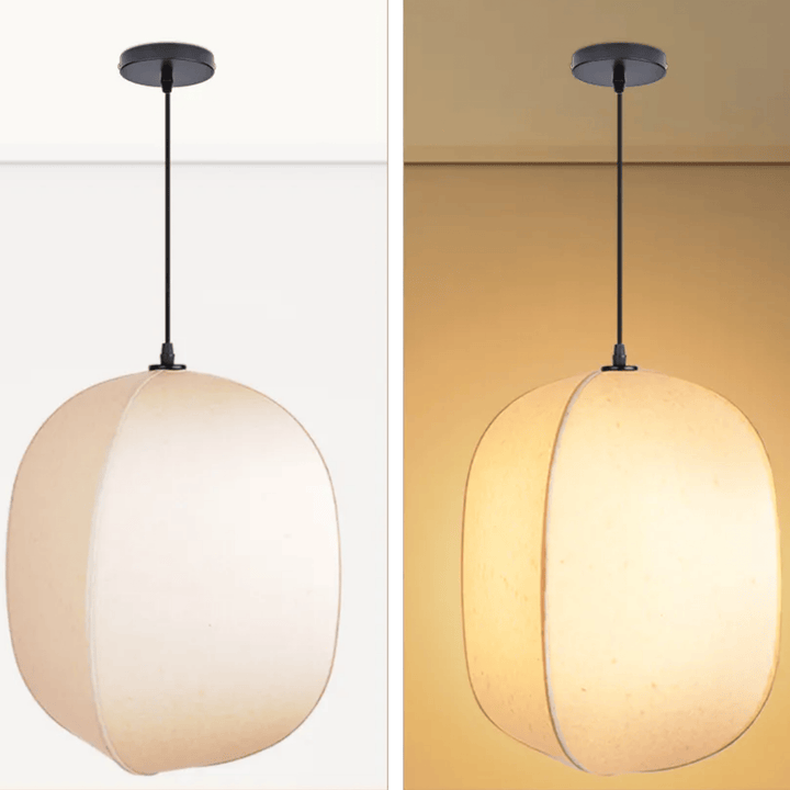 Soft Fabric Lantern Pendant Light unlit and lit comparison