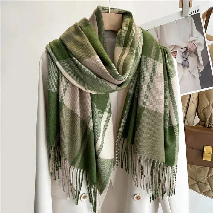Green Soft Plaid Fringe Winter Scarf on hanger