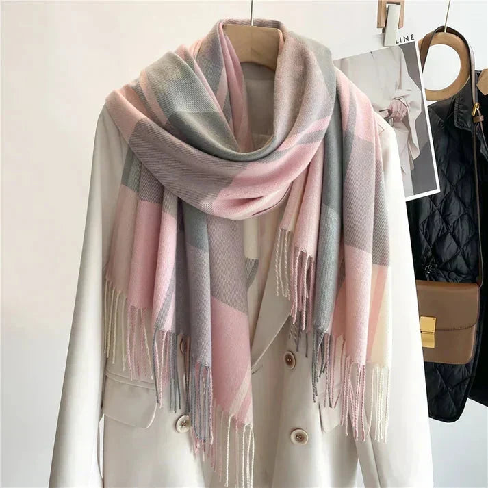 Pink Soft Plaid Fringe Winter Scarf on hanger