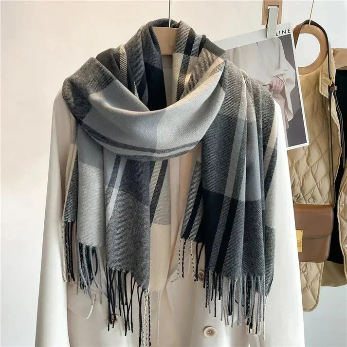 Gray Soft Plaid Fringe Winter Scarf on hanger