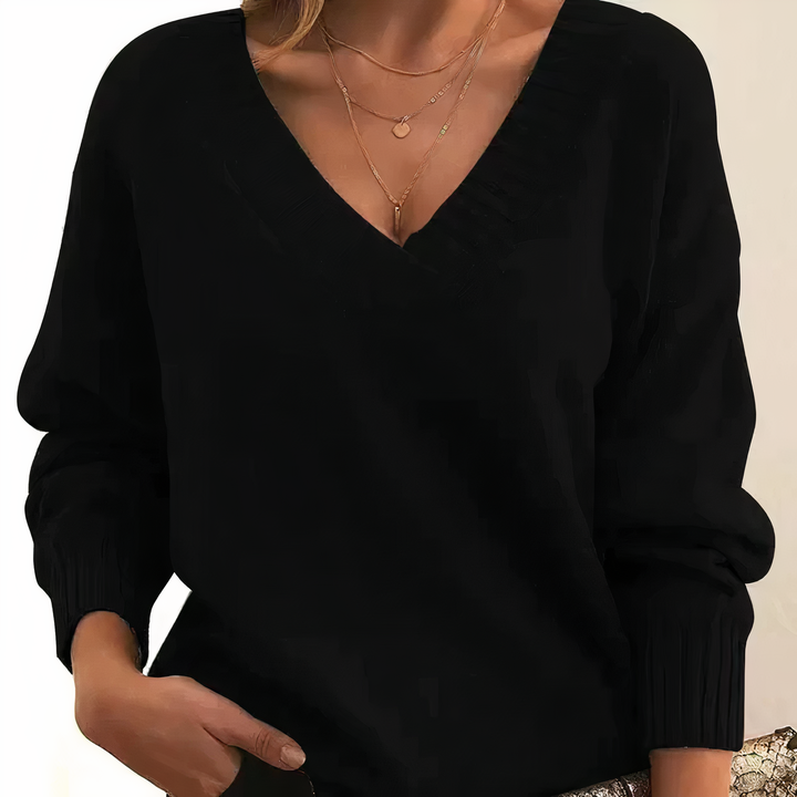 Black Soft V-Neck Cashmere Knit Sweater front view