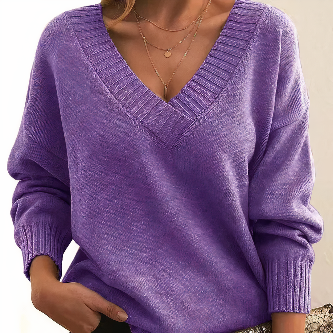 Purple Soft V-Neck Cashmere Knit Sweater front view