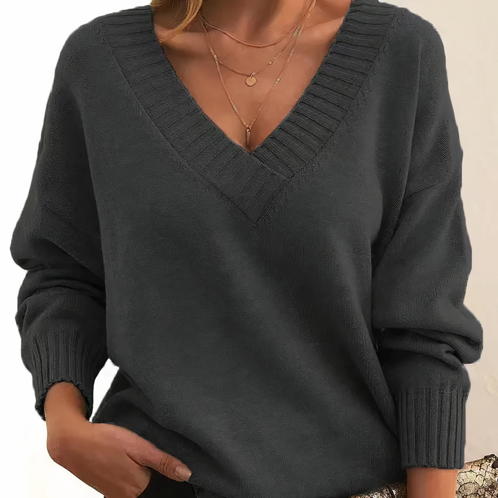 Dark Grey Soft V-Neck Cashmere Knit Sweater front view