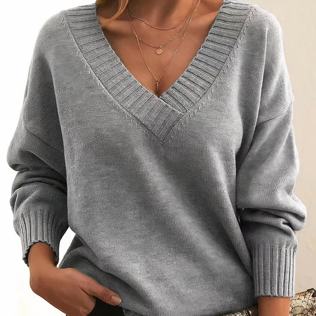 Grey Soft V-Neck Cashmere Knit Sweater front view