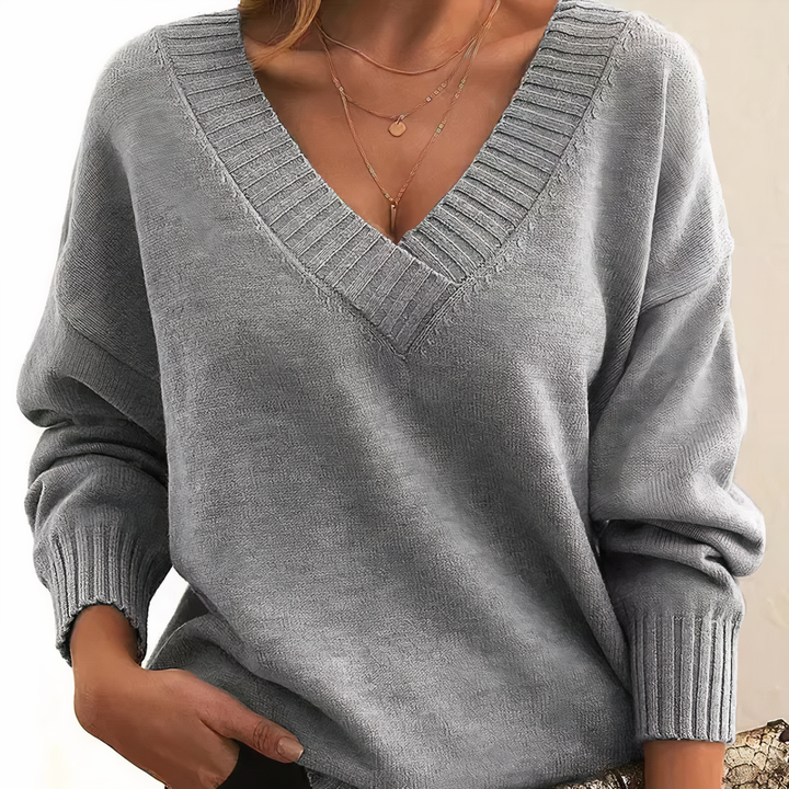 Grey Soft V-Neck Cashmere Knit Sweater front view
