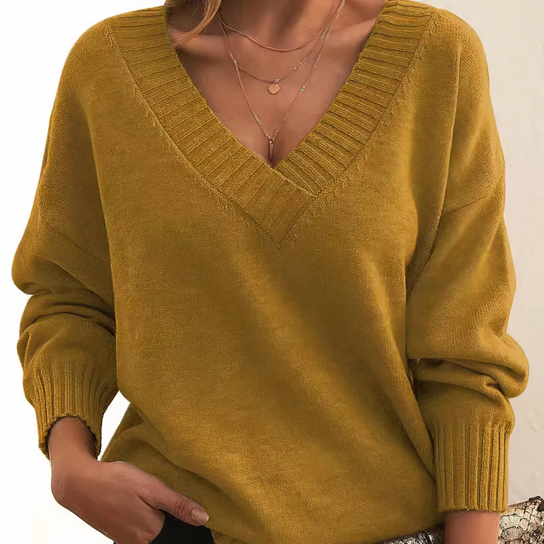 Gold Soft V-Neck Cashmere Knit Sweater front view