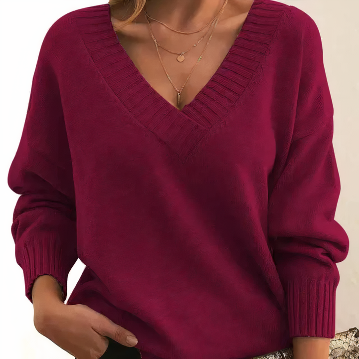 Red Soft V-Neck Cashmere Knit Sweater front view