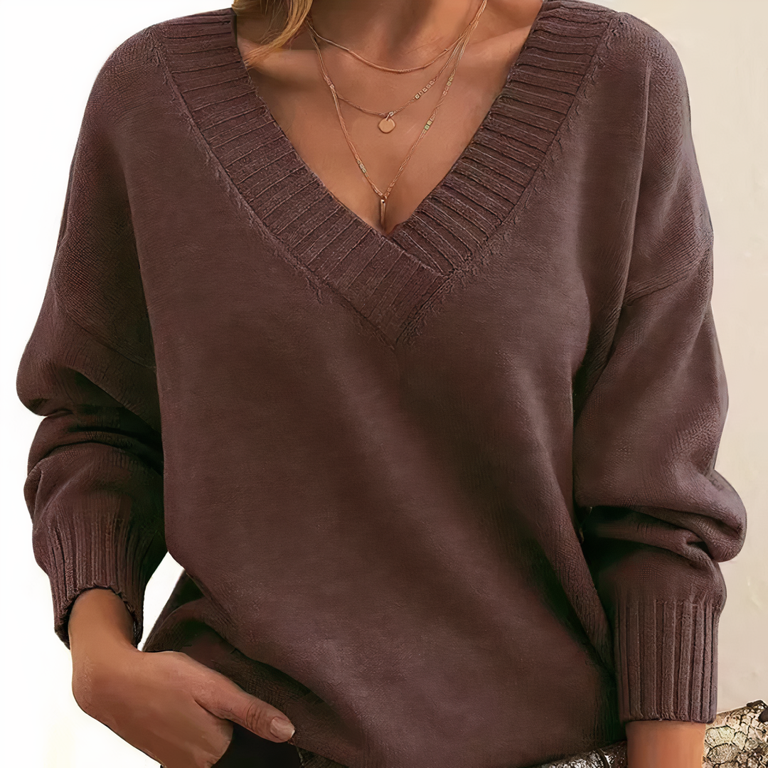 Brown Soft V-Neck Cashmere Knit Sweater front view