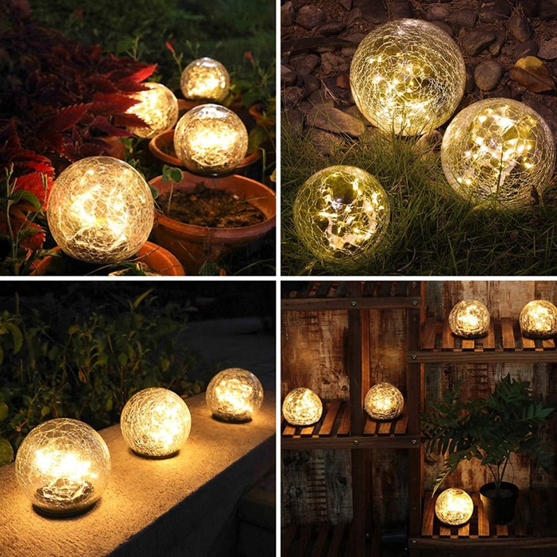 Solar Powered Crackle Glass Garden Globe lit at night
