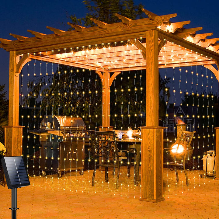 300-LED Solar Curtain Lights patio lifestyle