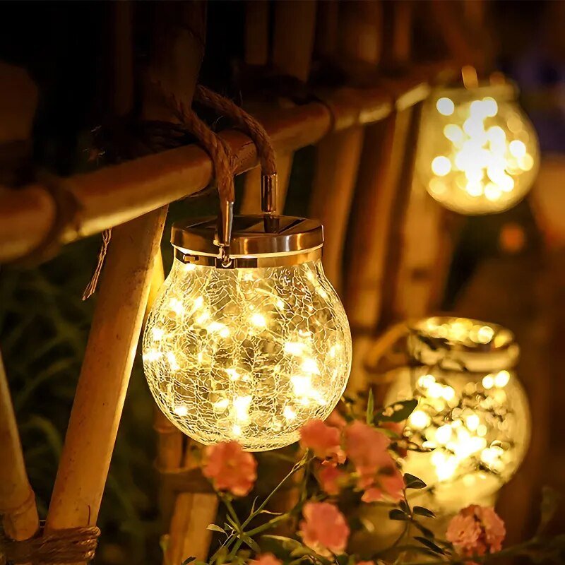 Crackled Glass Solar Lantern lit at night