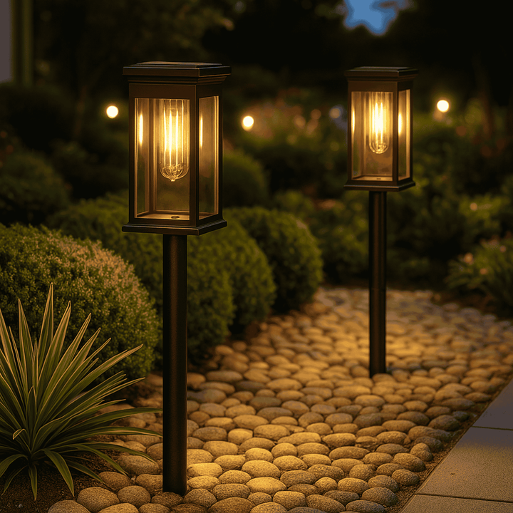 Solar Lantern Garden Stake Lights along stone path at night