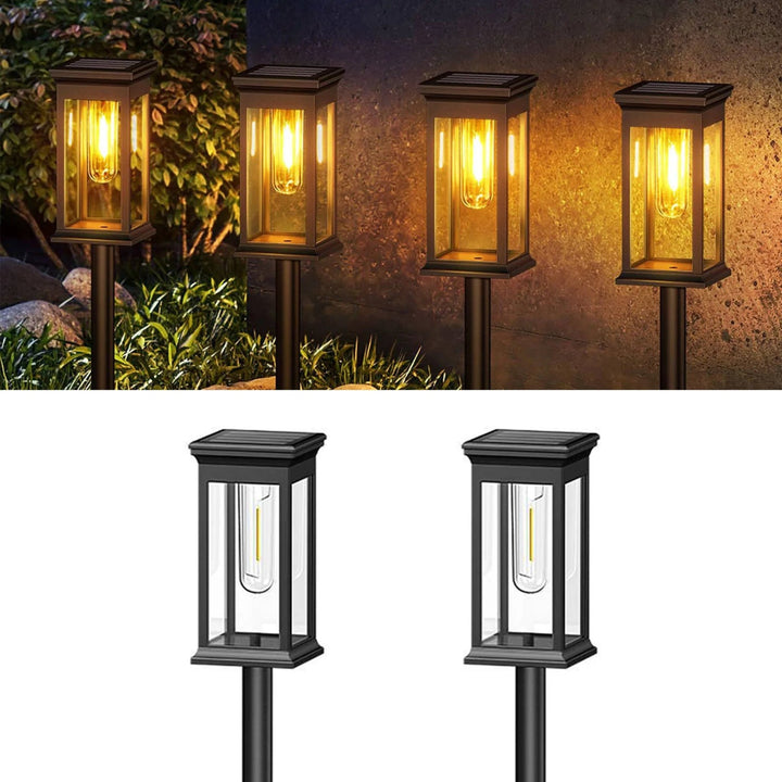 2 Pack Solar Lantern Garden Stake Lights lit and unlit view