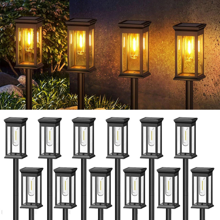 12 Pack Solar Lantern Garden Stake Lights lit and unlit view