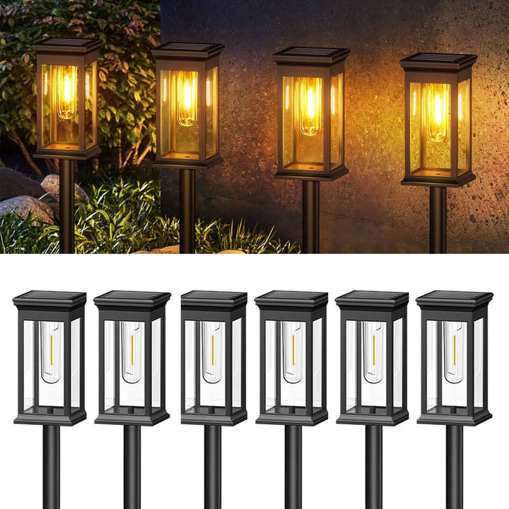 6 Pack Solar Lantern Garden Stake Lights lit and unlit view