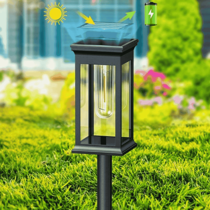 Solar Lantern Garden Stake Light charging on lawn in daylight