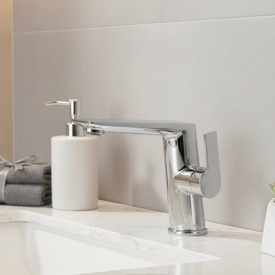 Solid Brass Nordic Bathroom Faucet installed on vanity lifestyle