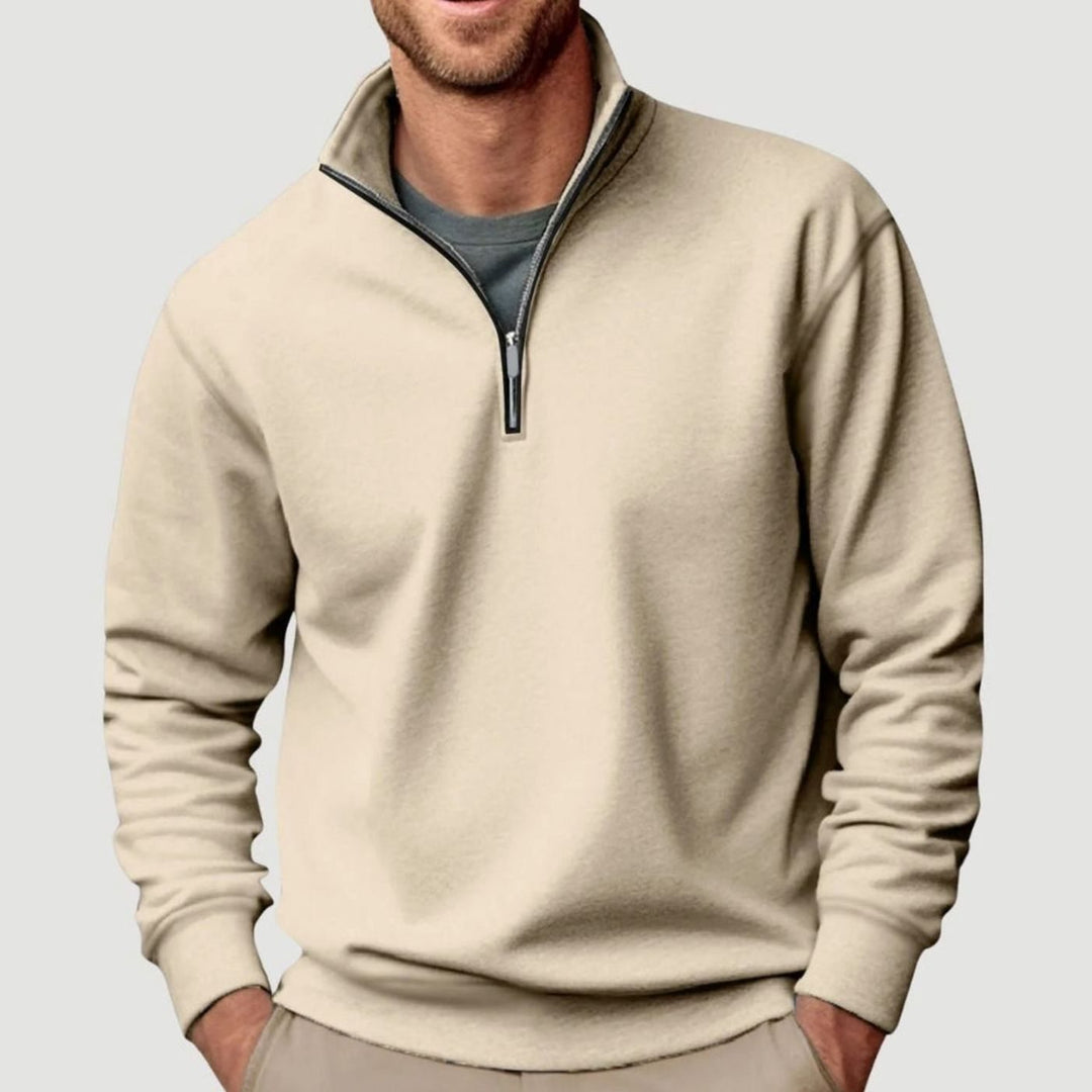 Beige Solid Quarter Zip Sweatshirt front view