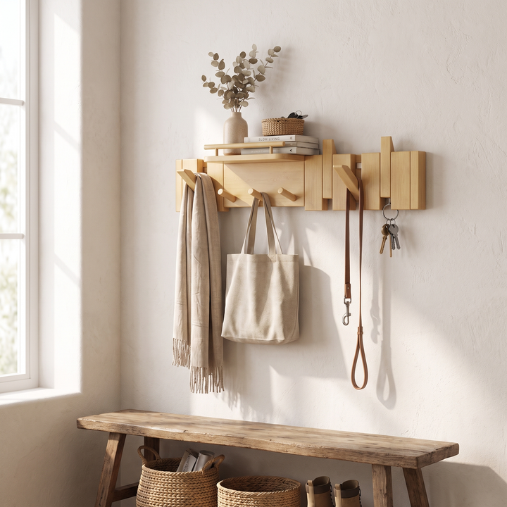 Brown Solid Rubberwood Wall Coat Rack, 11 hooks
