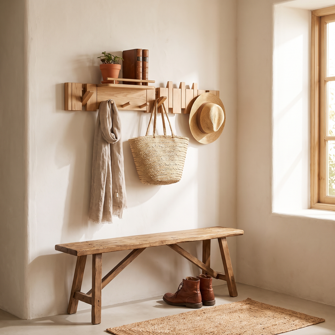 Oak Solid Rubberwood Wall Coat Rack, 9 hooks
